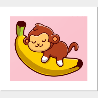 Cute Monkey Sleeping On The Banana Cartoon Posters and Art